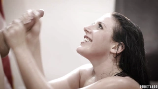 Angela White is jerking the cock till it cums on her big tits