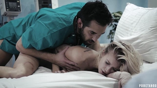 Arya Fae lying on her stomach gets pussy drilled from behind