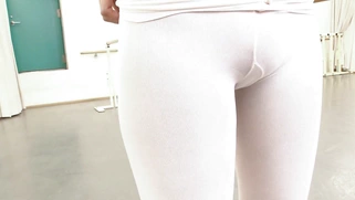 Asian ballerina rubs her pussy as perverted guys spy on her