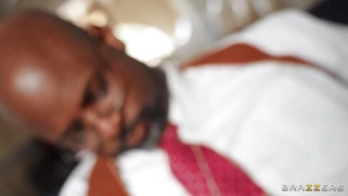 Ebony Nicole Kitt rides the white cock with her trimmed pussy