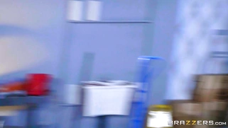 Cindy Starfall interrupted by janitor while fucking wall-mounted dildo