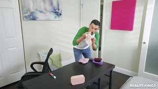 Maya Farrell is playing with the dildo and Johnny is jerking on her