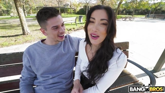 Clea Gaultier is sucking Tommy Cabrio's cock on the bench