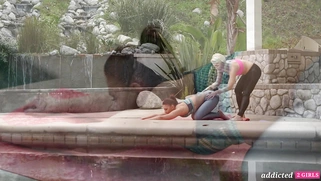 Ash Hollywood and Mischa Brooks are kissing outdoors