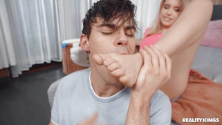 Freya Mayer gives nice foot job to Josh