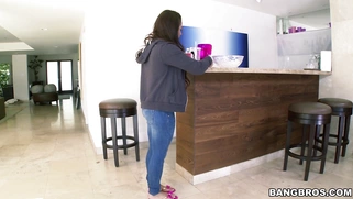 Asian teen Morgan Lee plays with her firm breasts