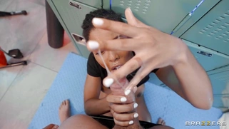 Kira Noir is sucking cock and licking balls in the locker room