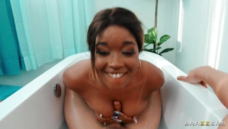 Nina Rivera is sucking Zac Wild's cock in the bathtub