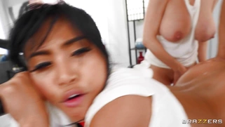 Dee Williams and Ember Snow get fucked by Xander Corvus standing