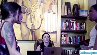 Busty brunette licked by two customer