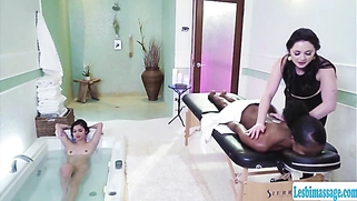 Busty brunette licked by two customer