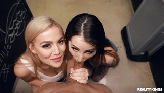 Val Steel and Blake Blossom are sucking Johnny Love's cock