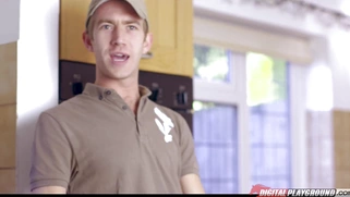 British Brooklyn Blue on her knees sucks cock in the kitchen