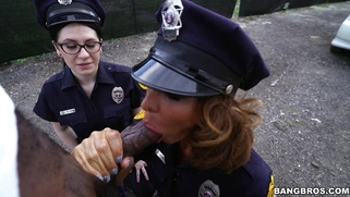 Cock hungry cops Lyla Lali and Norah Gold sucking giant black pole