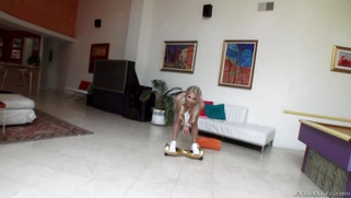 Luna Star playfully trying to catch his massive boner in her mouth