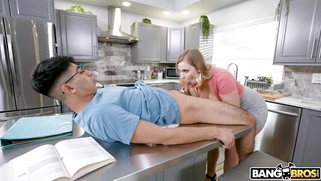 Daisy Diva is sucking her stepson's cock in the kitchen