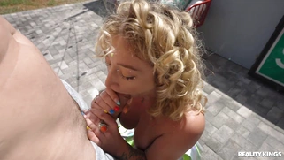 Susie Stellar gives masterful blowjob to Jmac outdoors