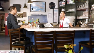 Harper Red is sucking Johnny Love's cock in the coffee shop