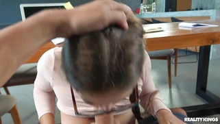 Kriss Kiss in glasses is sucking cock and licking balls in POV