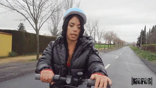 Megan Fiore is jerking Jordi's cock outdoors