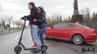 Megan Fiore is jerking Jordi's cock outdoors