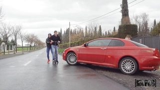 Megan Fiore is jerking Jordi's cock outdoors