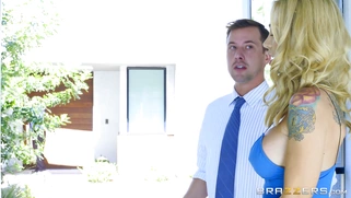 Sarah Jessie got her huge tits licked behind her husband's back