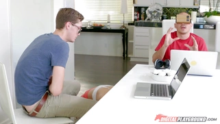 Alexis Adams sucks hard cock while her boyfriend is busy with VR