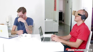 Alexis Adams sucks hard cock while her boyfriend is busy with VR