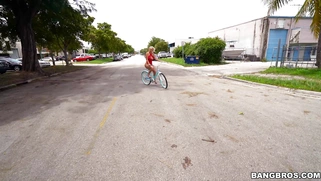 Big boobed Nina Kayy rides her bike out in public