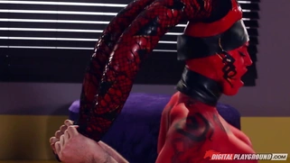 Tattooed slut Kleio Valentien in high heeled boots rides cock