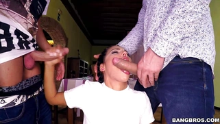 Pigtailed waitress Apolonia Lapiedra [censored] down two fat dicks