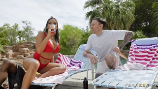 Busty Luna Star gets fucked by Damion Dayski standing poolside