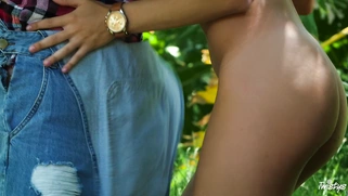 Adria Rae is sucking Jessy Jones' cock in the forest