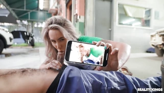 Misty Meaner is sucking black cock in the garage