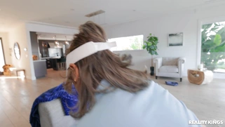 Natural busty Ella Knox rides BBC with her trimmed pussy