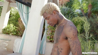 Paris The Muse is sucking black monster cock poolside