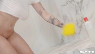 Angel Youngs in glasses is sucking huge black cock