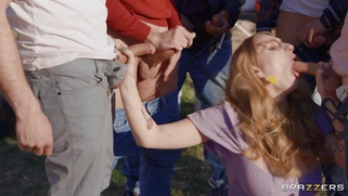 Angel Youngs is sucking many cocks outdoors