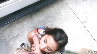 Horny nymph Zaya Cassidy sucking huge prick outdoors