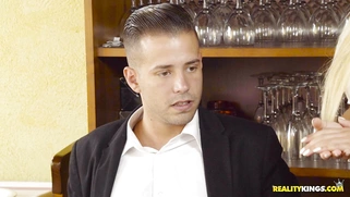 Waitress Blondie Fesser seduces Alberto while his gf looking over the menu