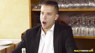 Blondie Fesser sucking his cock underneath the table while his gf non the wiser