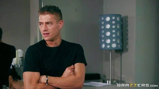 Naughty maid Valentina Nappi sucking two big dicks in the bathroom