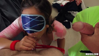 Layla London gives blowjob to lucky pricks