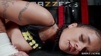 Ryan Reid lying on her side gets trimmed pussy slammed