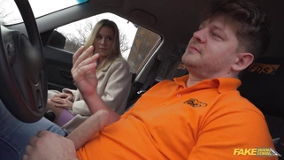 Lucky Bee is sucking cock on the driver's seat