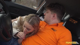 Lucky Bee is sucking cock on the driver's seat