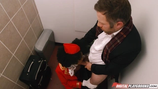 Stewardess Luna Corazon sucking cock in the toilet