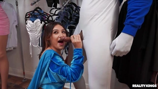 Violet Gems is sucking black cock in the store