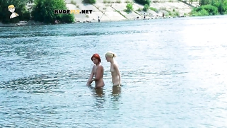 Skinny and young nudist ladies fool around on the beach